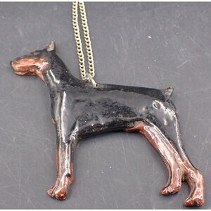 Vintage Hand Painted Porcelain Doberman Dog Pendant Signed Angueline 3”